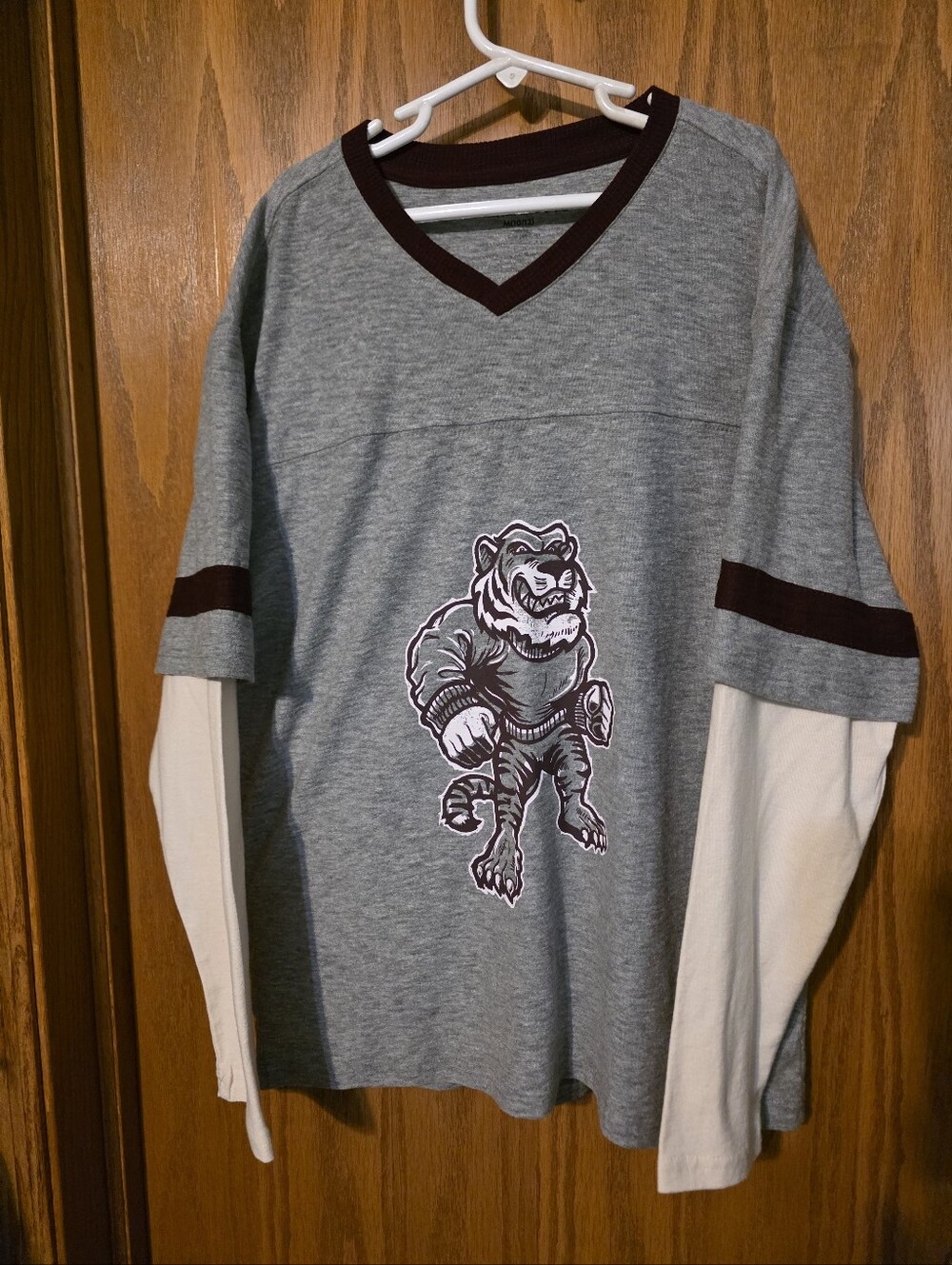 Boys Grey Layered-Look Long Sleeve Shirt with Tiger Graphic.